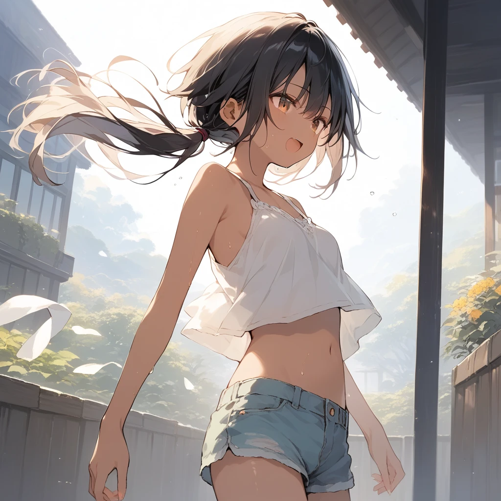 score_9, score_8_up, score_7_up, source_anime, best quality, masterpiece, official art, absurdres, highres, ultra-detailed,waifu2x,Collection: Slice of Life,break,1girl, tomboy, dark-skinned female, short hair, low ponytail, flat chest, beautiful detailed eyes, shorts, sweat, open mouth, (yawn:0.3), sleepily, outdoors, wind,break,(clear line illustration:1.2), super detailed skin,very high resolution, very aesthetic, Best sexual lighting powered by famous artist, 8k,cute picture,beauty illustration,photoshop_(medium),,(Detailed Lighting),best anime 8k konachan wallpaper, pixiv contest winner, 