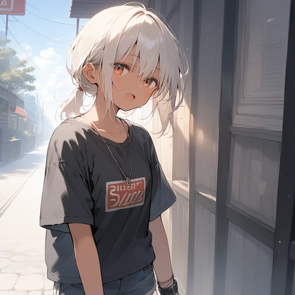 score_9, score_8_up, score_7_up, source_anime, best quality, masterpiece, official art, absurdres, highres, ultra-detailed,waifu2x,Collection: Slice of Life,break,1girl, tomboy, dark-skinned female, short hair, low ponytail, small breasts, beautiful detailed eyes, short shorts, sweat, open mouth, (yawn:0.3), sleepily, outdoors, wind, break,(clear line illustration:1.2),very high resolution, very aesthetic, super detailed skin, Best sexual lighting powered by famous artist, 8k,cute picture,beauty illustration,photoshop_(medium),,(Detailed Lighting),best anime 8k konachan wallpaper, pixiv contest winner,