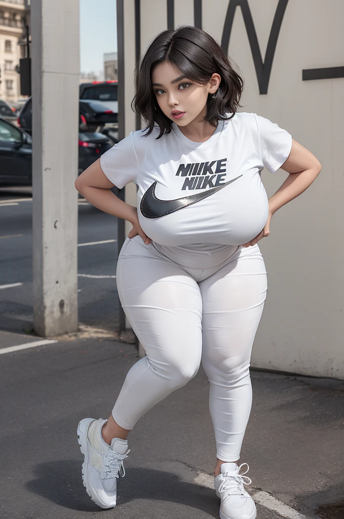araffe woman, short curvy hair, hair behind ear, curvious body, voluptuous body, hour glass, light in complexion, curvious body, thick body, , fully clothed wearing expensive clothes, clothes fully covering body, curvious voluptuous, big breasts, wearing tshirt and nike sneakers, wearing england soccer tshirt,
