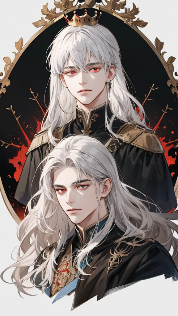 (extreamly delicate and beautiful:1.2), 8K,(шедевр:1.0),(best_quality:1.0), 1boy, and intricate detailing, Enlarged textures, and intricate detailing, finely eye and detailed face, and intricate detailing, black medieval outfit, ruinscape background, (closed mouths),long white hair with crown, Perfect eyes, red eyes, Equal eyes, (A male god)