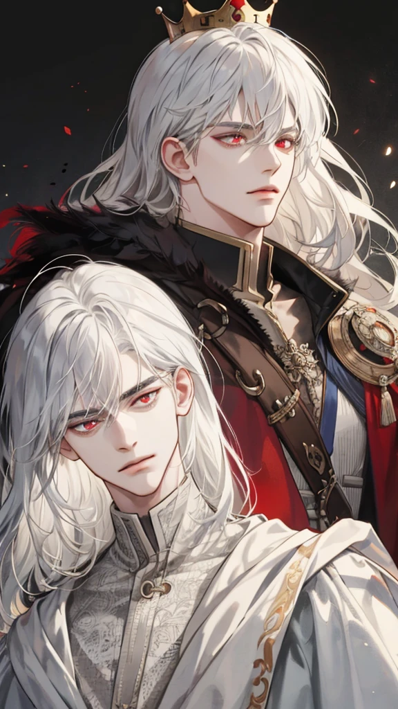 (extreamly delicate and beautiful:1.2), 8K,(шедевр:1.0),(best_quality:1.0), 1boy, and intricate detailing, Enlarged textures, and intricate detailing, finely eye and detailed face, and intricate detailing, black medieval outfit, ruinscape background, (closed mouths),long white hair with crown, Perfect eyes, red eyes, Equal eyes, (A male god)