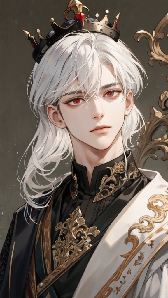 (extreamly delicate and beautiful:1.2), 8K,(шедевр:1.0),(best_quality:1.0), 1boy, and intricate detailing, Enlarged textures, and intricate detailing, finely eye and detailed face, and intricate detailing, black medieval outfit, ruinscape background, (closed mouths),long white hair with crown, Perfect eyes, red eyes, Equal eyes, (A male god)
