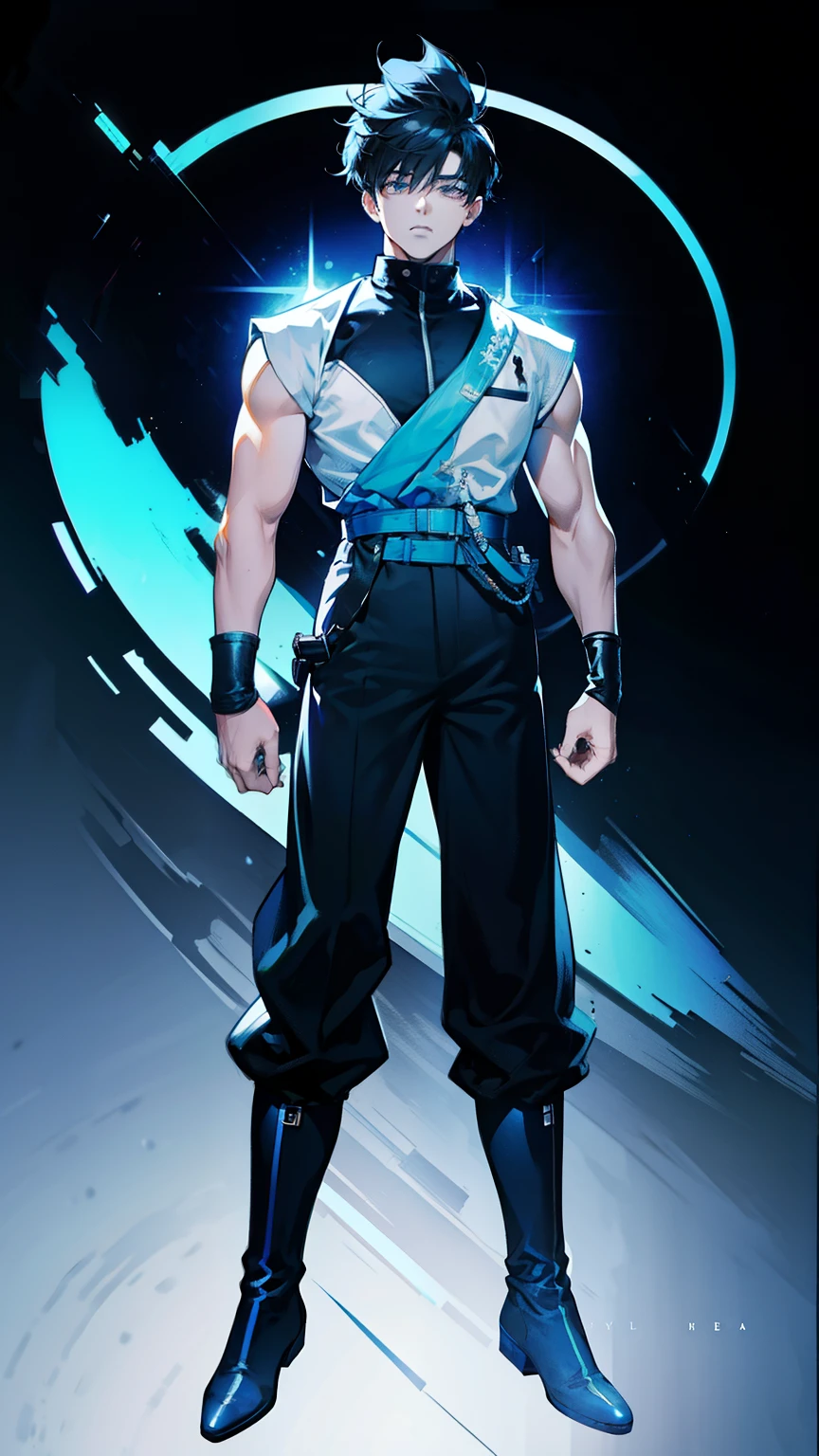 Multi view, front view, front view, side view, rear view, concept art, 1boy, male focus, solo, black hair, kim dokja look, orv character, full body, white background, two block hair, boots, exercise suit, standing, simple background, wristband, hands clenched, arms sides, super saiyan 1, belt, blue footwear