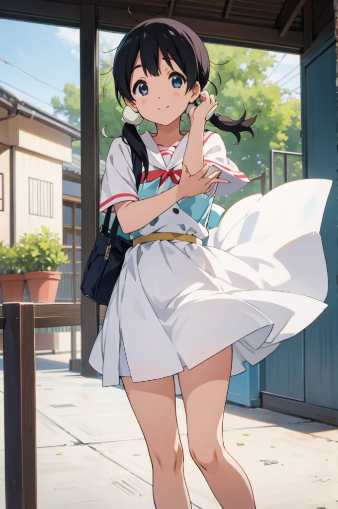  solo, 1girl, tamako kitashirakawa, , looking at viewer, smile, ,,outdoor,thigh