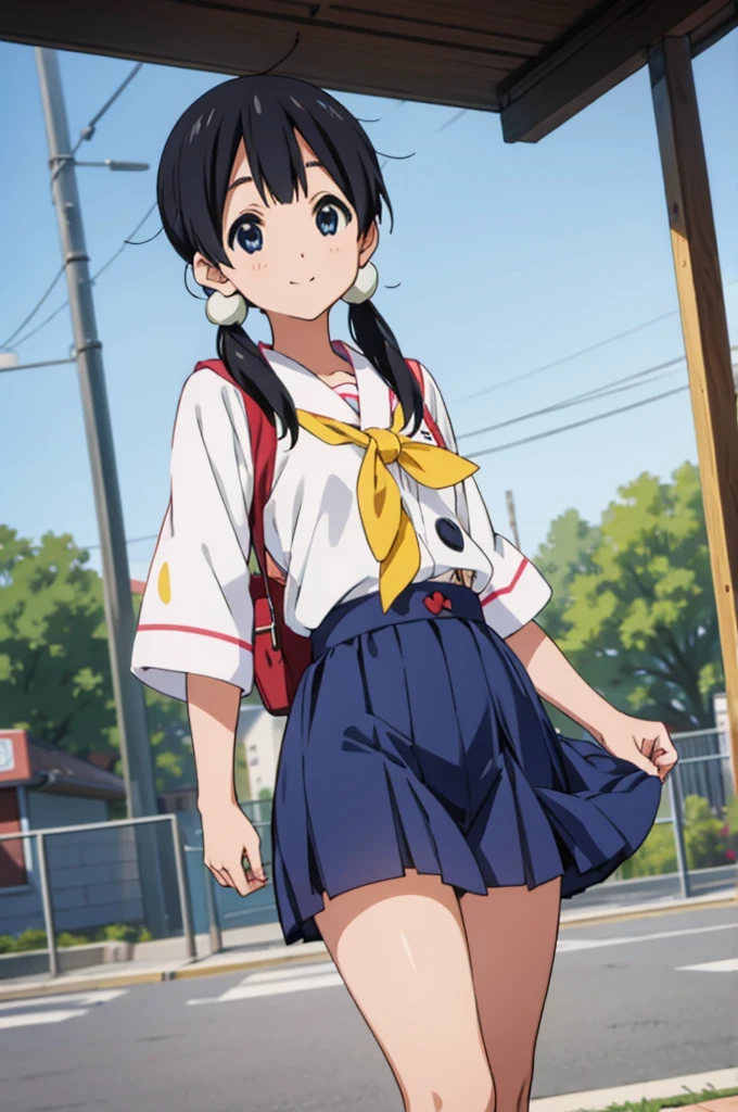  solo, 1girl, tamako kitashirakawa, , looking at viewer, smile, ,,outdoor,thigh