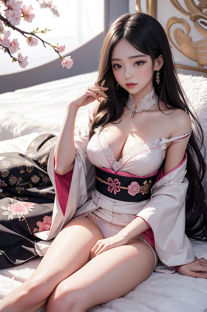 Masterpiece, intricate detail, 8k, hires, ultra detailed, extremely delicate and beautiful, Best quality,
, best picture quality, high quality, 4k, long hair pink, japanese woman , singing, crying, clise eyes, sexy pose, japan kimono showing black panties lingerie, sleeping and open legs on white carpet, low light background, bokeh, low angle camera