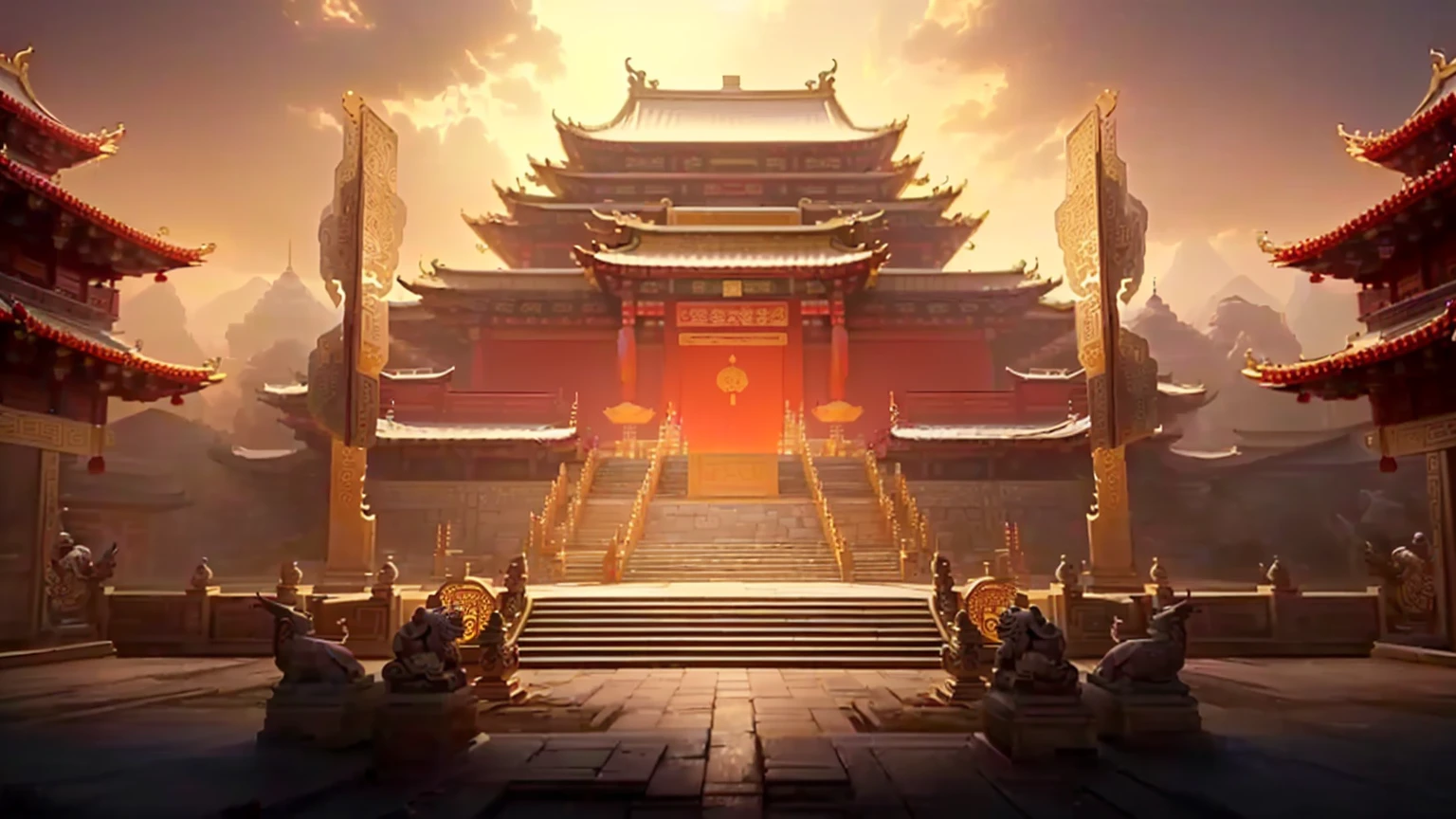 a picture taken from the inside of a chinese temple with statues, temple background, beautiful render of tang dynasty, cyberpunk chinese ancient castle, by Yang J, background depicting a temple, g liulian art style, riot games concept art, feng zhu concept art, rossdraws global illumination, palace background, ancient temple, cgsociety and fenghua zhong