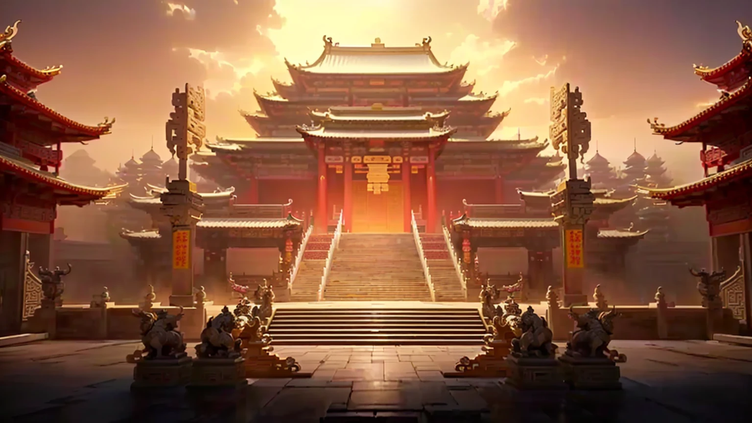a picture taken from the inside of a chinese temple with statues, temple background, beautiful render of tang dynasty, cyberpunk chinese ancient castle, by Yang J, background depicting a temple, g liulian art style, riot games concept art, feng zhu concept art, rossdraws global illumination, palace background, ancient temple, cgsociety and fenghua zhong