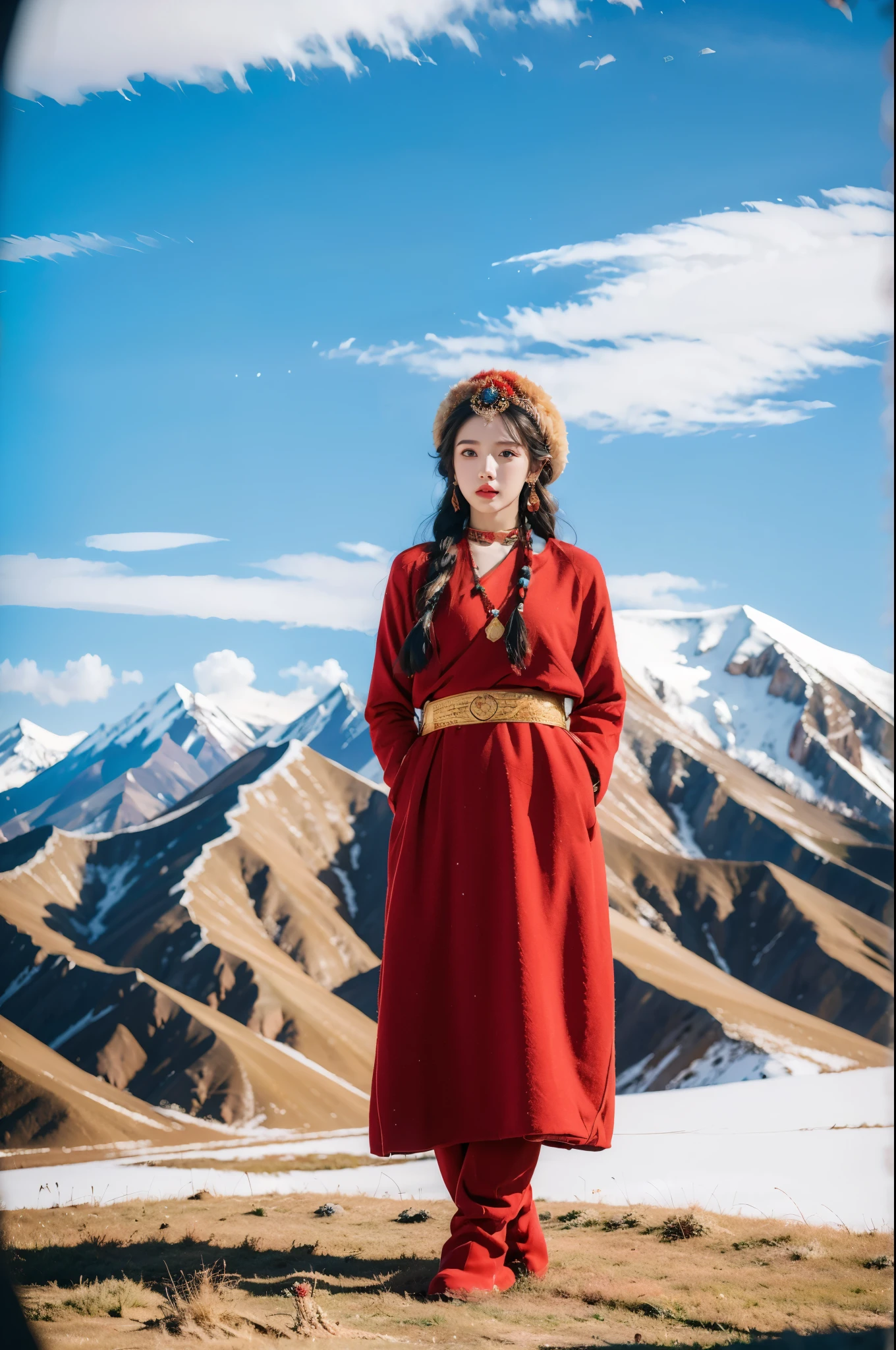 (masterpiece, best quality:1.2),red Tibetan clothing,1 Tibetan girl, blue sky, cloud, cloudy sky, day, earrings,Plush hat, horizon,Tibetan Earrings,jewelry,necklace, lips,snow mountain, outdoors, parted lips, red lips, solo,flat chest,full body,slender legs,boots,standing,arms behind back