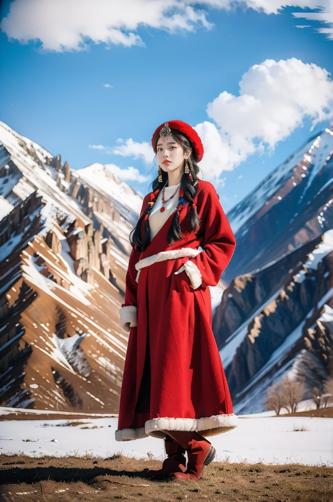 (masterpiece, best quality:1.2),red Tibetan clothing,1 Tibetan girl, blue sky, cloud, cloudy sky, day, earrings,Plush hat, horizon,Tibetan Earrings,jewelry,necklace, lips,snow mountain, outdoors, parted lips, red lips, solo,flat chest,full body,slender legs,boots,standing,arms behind back