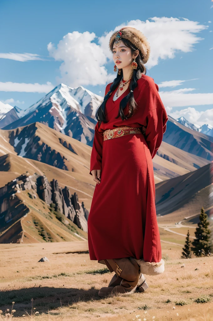 (masterpiece, best quality:1.2),red Tibetan clothing,1 Tibetan girl, blue sky, cloud, cloudy sky, day, earrings,Plush hat, horizon,Tibetan Earrings,jewelry,necklace, lips,snow mountain, outdoors, parted lips, red lips, solo,flat chest,full body,slender legs,boots,standing,arms behind back