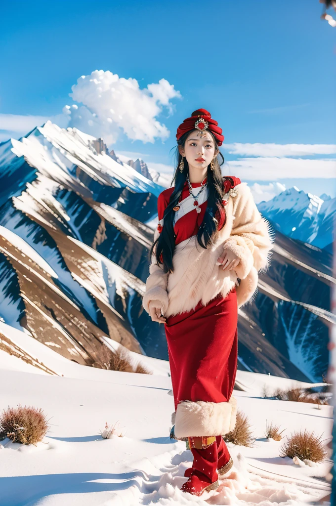 (masterpiece, best quality:1.2),red Tibetan clothing,1 Tibetan girl, blue sky, cloud, cloudy sky, day, earrings,Plush hat, horizon,Tibetan Earrings,jewelry,necklace, lips,snow mountain, outdoors, parted lips, red lips, solo,flat chest,full body,slender legs,boots,standing,arms behind back