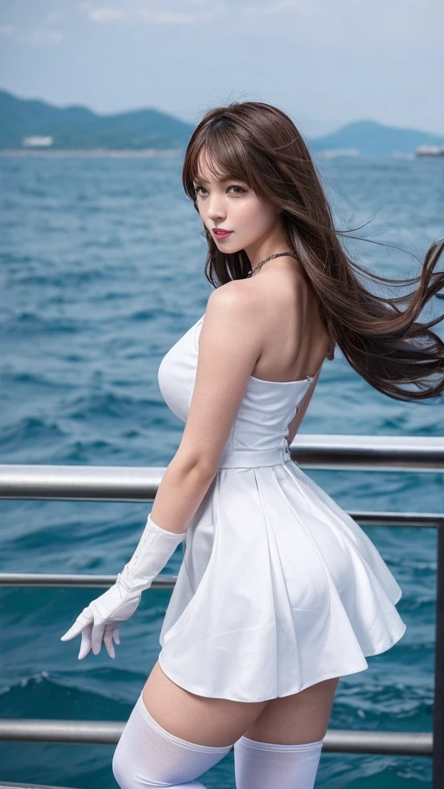 ((Highest quality)), ((masterpiece)), ((One girl)), alone, ferry, ((Long Hair)), ferryBase, ((Knee socks)), Bare shoulders, ((jewelry)), ((No sleeve)), Intricate white dress, Intricate blue short skirt, ((gloves)), Up to the thighs, From behind. Big and slender body
