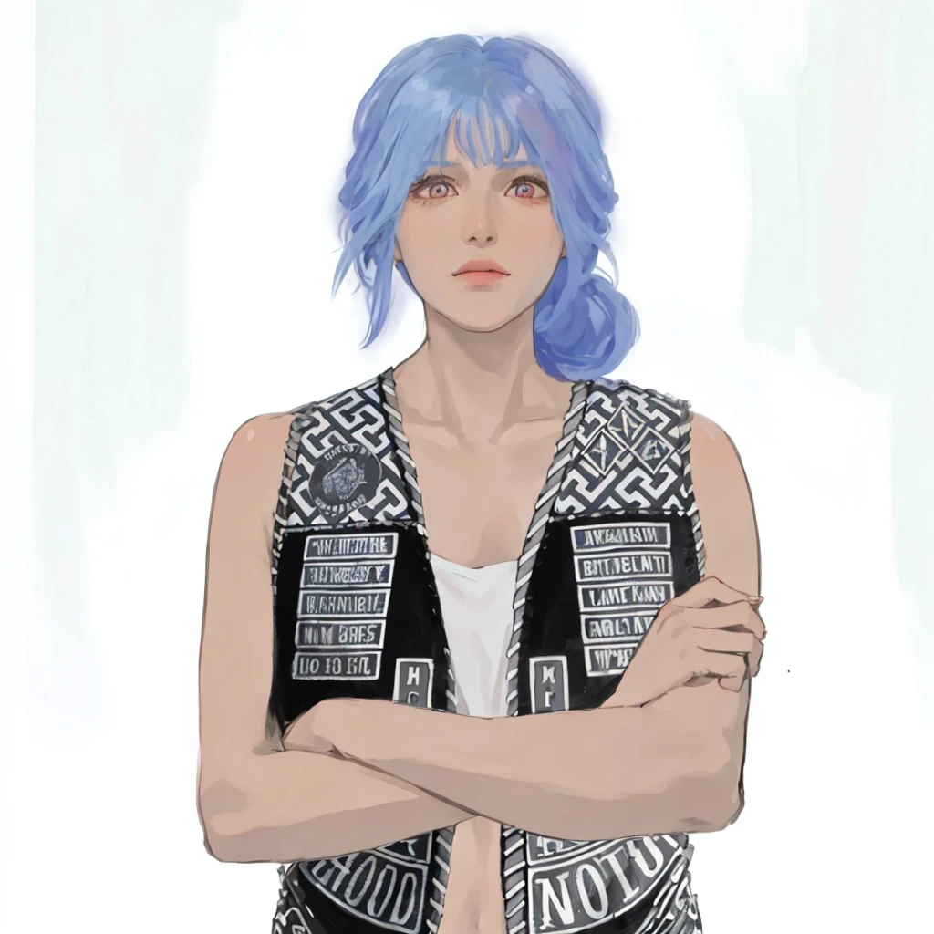 (masterpiece:1.2, best quality), (1girl, solo, upper body:1.2),flat face,Hair: buzz cut, Clothing: oversized, distressed denim jacket with patches and pins, paired with black skinny jeans and combat boots, Hanging out in an underground music venue or street art exhibit