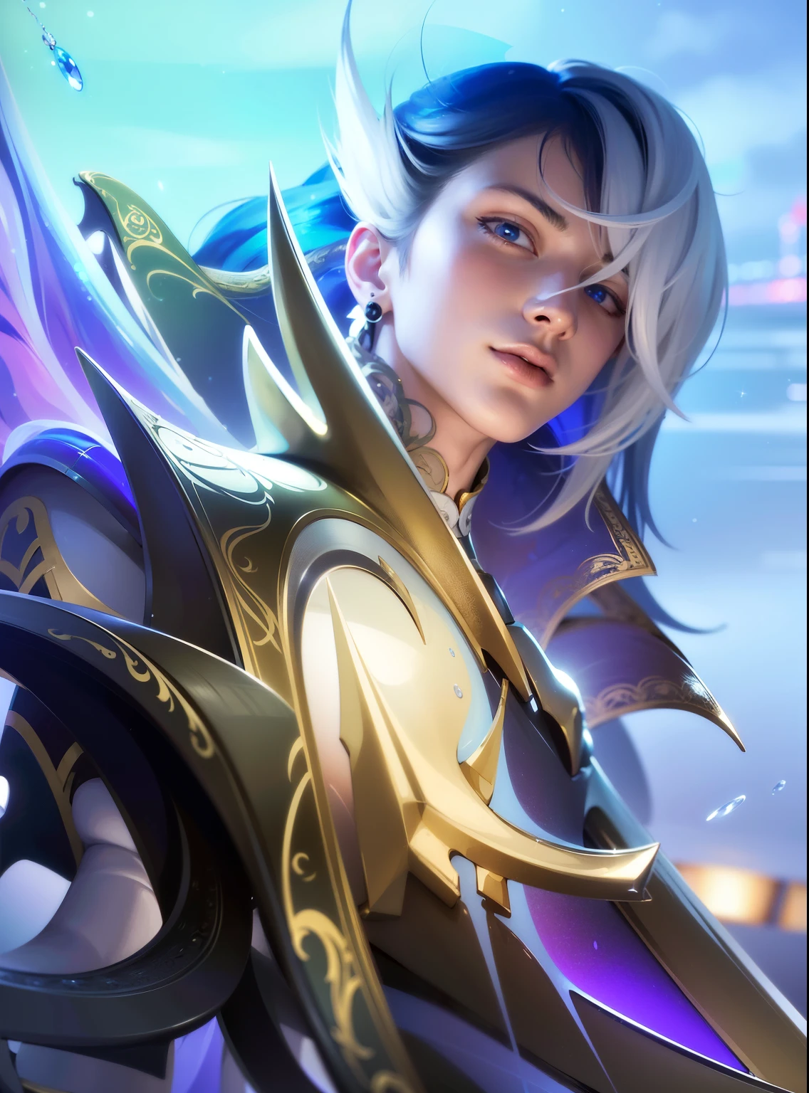 masculine male, masterpiece, ((perfect eyes)) best quality, (semirealism:1.9), beautiful lighting, (extremely detailed CG unity 4k fhd wallpaper), High Detail, Sharp focus, dramatic outdoors, 1 boy ,19 years old, white hair, light purpel eyes, smile.