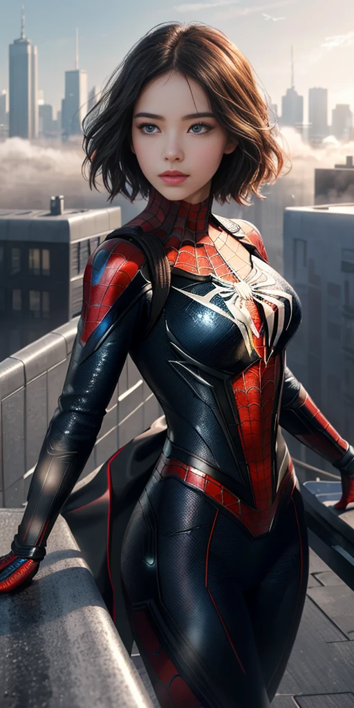 (1girl:1.3), Solo, (((Very detailed face)))), ((Very detailed eyes and face)))), Beautiful detail eyes, Body parts__, Official art, Unified 8k wallpaper, Super detailed, beautiful and beautiful, beautiful, masterpiece, best quality, original, masterpiece, super fine photo, best quality, super high resolution, realistic realism, sunlight, full body portrait, amazing beauty, dynamic pose, delicate face, vibrant eyes, (from the front), She wears Spider-Man suit, red and black color scheme, spider, very detailed city roof background, rooftop, overlooking the city, detailed face, detailed complex busy background, messy, gorgeous, milky white, highly detailed skin, realistic skin details, visible pores, clear focus, volumetric fog, 8k uhd, DSLR, high quality, film grain, fair skin, photo realism, lomography, futuristic dystopian megalopolis, translucent, eyes looking at the camera, big boobs, short hair