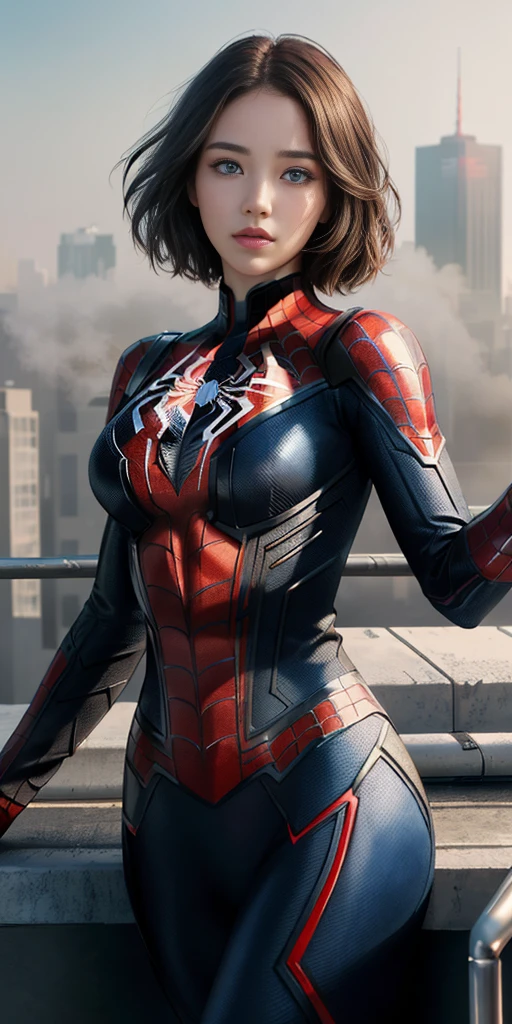 (1girl:1.3), Solo, (((Very detailed face)))), ((Very detailed eyes and face)))), Beautiful detail eyes, Body parts__, Official art, Unified 8k wallpaper, Super detailed, beautiful and beautiful, beautiful, masterpiece, best quality, original, masterpiece, super fine photo, best quality, super high resolution, realistic realism, sunlight, full body portrait, amazing beauty, dynamic pose, delicate face, vibrant eyes, (from the front), She wears Spider-Man suit, red and black color scheme, spider, very detailed city roof background, rooftop, overlooking the city, detailed face, detailed complex busy background, messy, gorgeous, milky white, highly detailed skin, realistic skin details, visible pores, clear focus, volumetric fog, 8k uhd, DSLR, high quality, film grain, fair skin, photo realism, lomography, futuristic dystopian megalopolis, translucent, eyes looking at the camera, big boobs, short hair