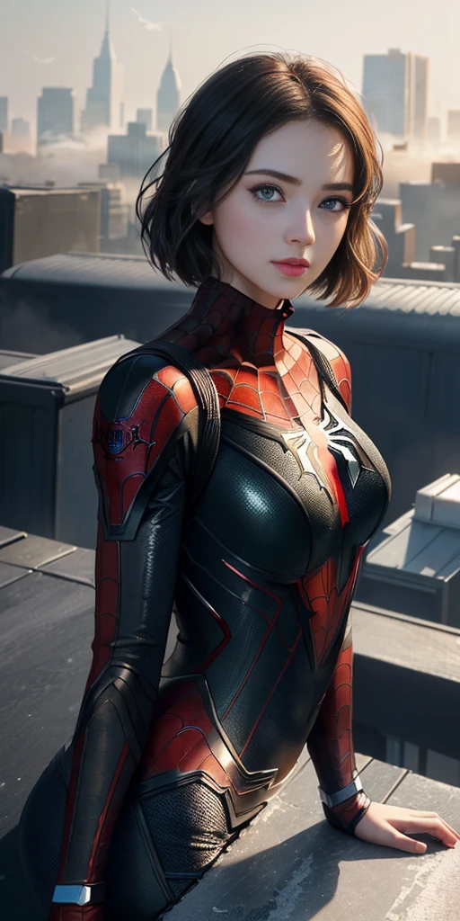 (1girl:1.3), Solo, (((Very detailed face)))), ((Very detailed eyes and face)))), Beautiful detail eyes, Body parts__, Official art, Unified 8k wallpaper, Super detailed, beautiful and beautiful, beautiful, masterpiece, best quality, original, masterpiece, super fine photo, best quality, super high resolution, realistic realism, sunlight, full body portrait, amazing beauty, dynamic pose, delicate face, vibrant eyes, (from the front), She wears Spider-Man suit, red and black color scheme, spider, very detailed city roof background, rooftop, overlooking the city, detailed face, detailed complex busy background, messy, gorgeous, milky white, highly detailed skin, realistic skin details, visible pores, clear focus, volumetric fog, 8k uhd, DSLR, high quality, film grain, fair skin, photo realism, lomography, futuristic dystopian megalopolis, translucent, eyes looking at the camera, big boobs, short hair