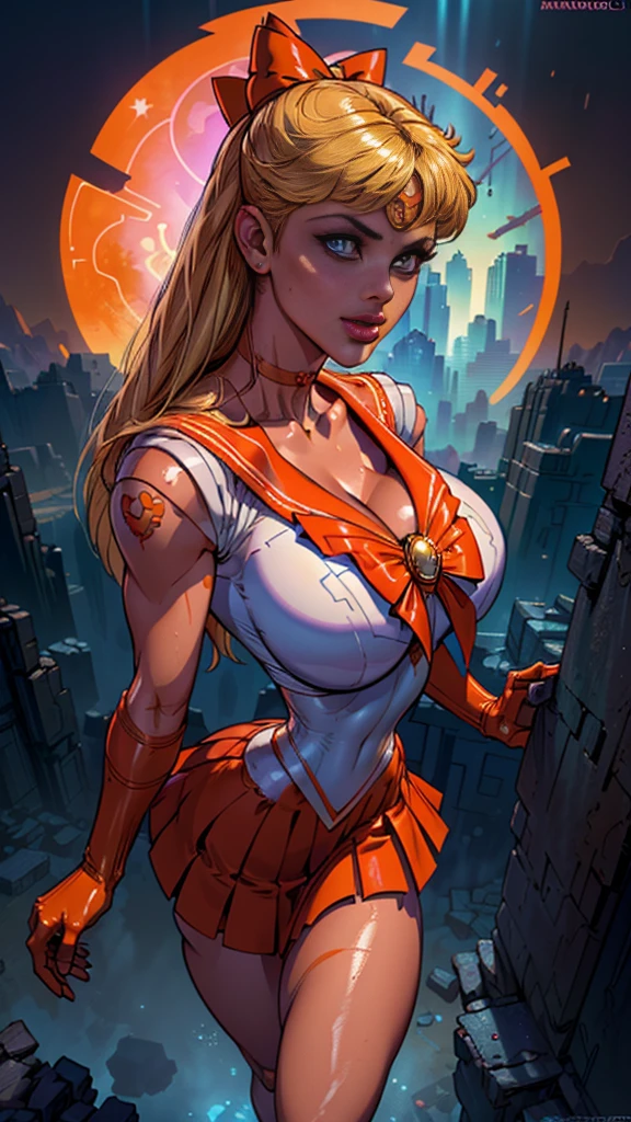 (La mejor calidad,A high resolution,Ultra - detallado,actual),Selena Gomez, (masterpiece, best quality;1.3), very detailed CG, very detailed, 1 girl, alone, laugh, looking at viewer, stylish angle, blonde long hair,blue eyes, sv1, Sailor Sensi Uniform, Orange skirt, elbow bag, tiara, Orange Sailor Color, red bow, Orange Choker, white gloves, bijouterie, from above,,(Fondo de ruinas de mazmorra en ruinas cyberpunk :1.4 ) I have a lot of heart, face focus,venus,hurricane,abstract background, galaxy background,(Sailor Venus:1.4), (Sailor Venus V2.1), ,(Fondo de ruinas de mazmorra en ruinas piedras grandes cyberpunk :1.4 ),(perfect anatomy :1.4), (cinematic lighting :1.4),( dynamic cowboy pose), (fondo lluvia cayendo nublado tenebroso :1.4), (Selena Gomez :1.4), (Selena Gomez V2.1),( dedos detailed :1.4)