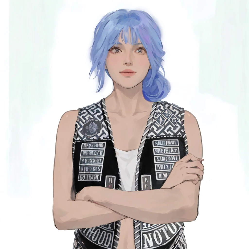 (masterpiece:1.2, best quality), (1girl, solo, upper body:1.2),smile face,Hair: buzz cut, Clothing: oversized, distressed denim jacket with patches and pins, paired with black skinny jeans and combat boots, Hanging out in an underground music venue or street art exhibit