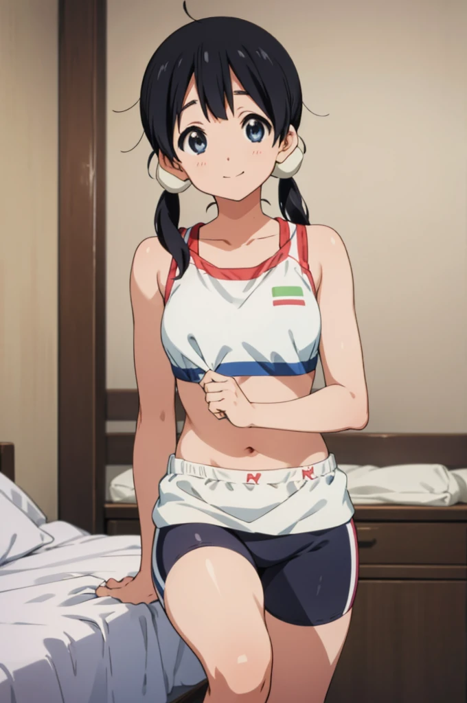  solo, 1girl, tamako kitashirakawa, , looking at viewer, smile, ,,my room,sports bra,bike shorts