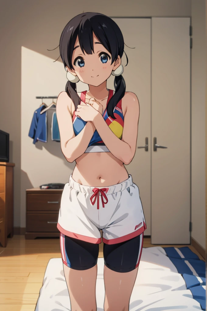solo, 1girl, tamako kitashirakawa, , looking at viewer, smile, ,,my room,sports bra,bike shorts
