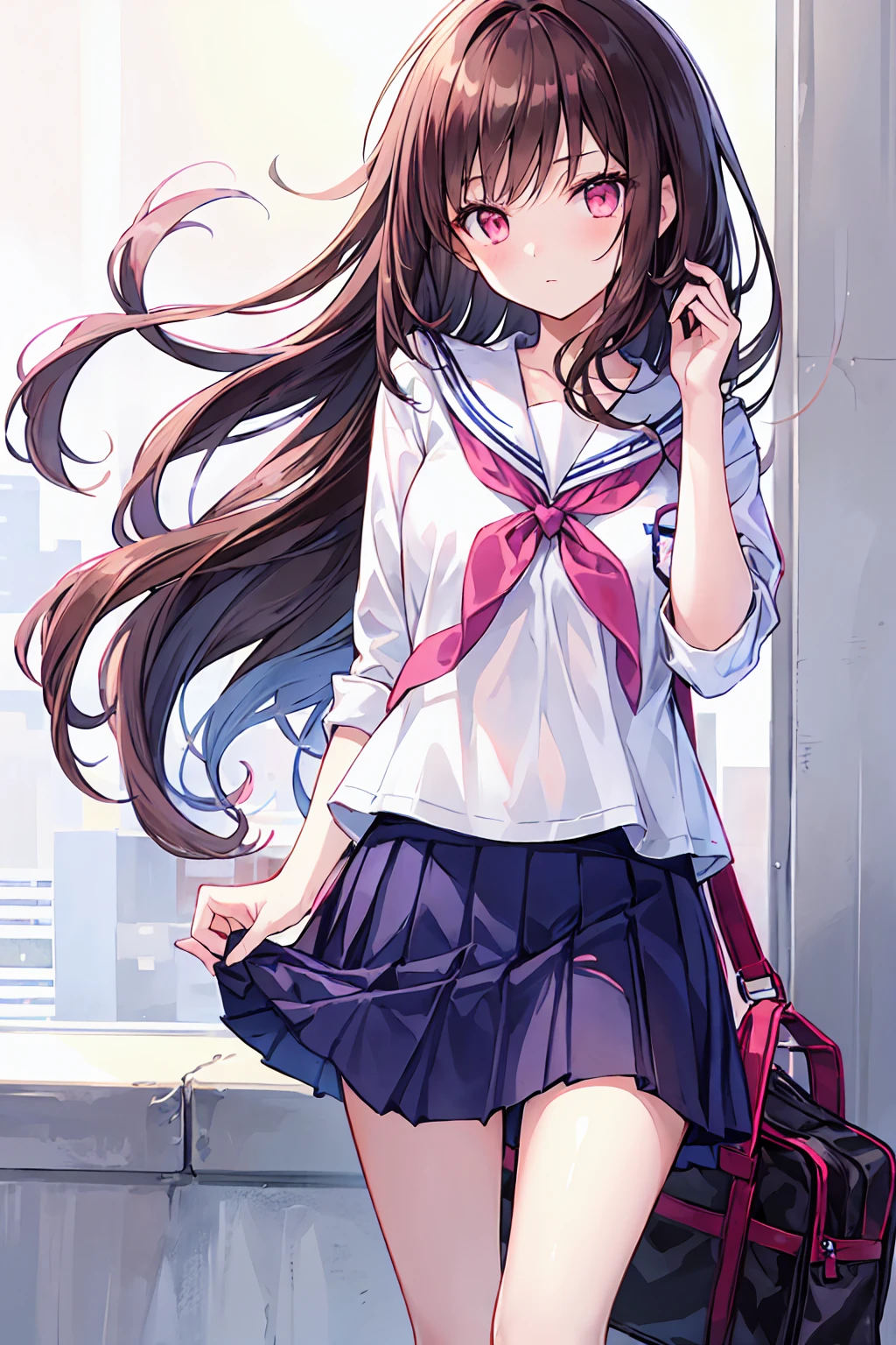 Dark brown hair color，Pale pink eyes，Navy blue school top，Navy Straight Skirt，Kind girl