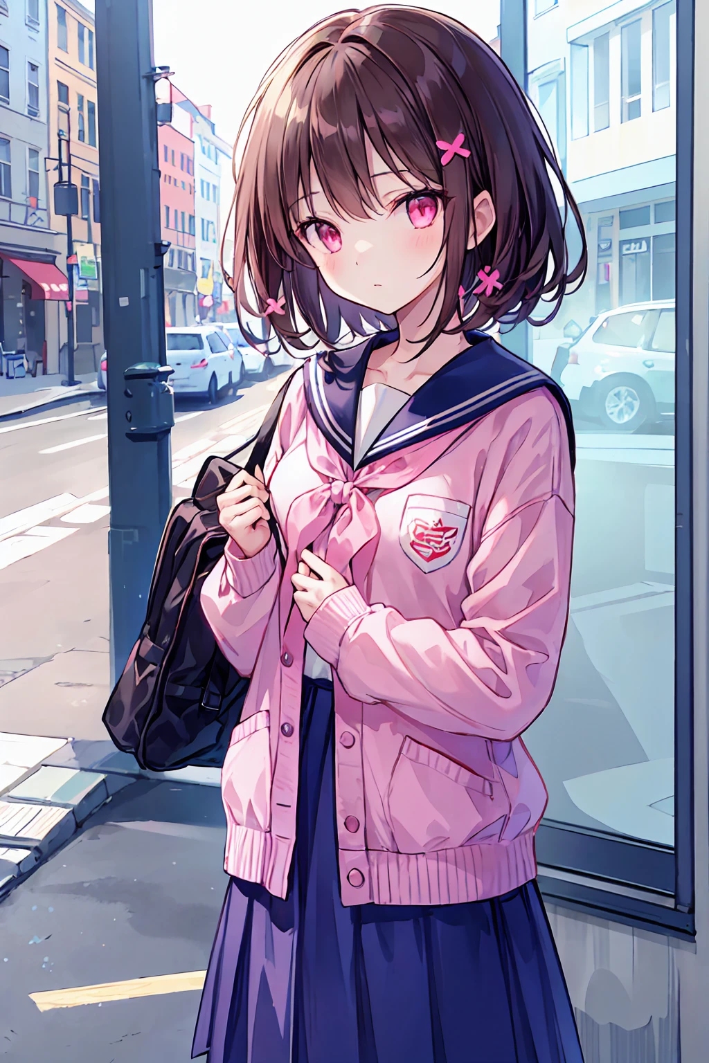 Dark brown hair color,Pale pink eyes,Navy blue school top,Navy Straight Skirt,Kind girl