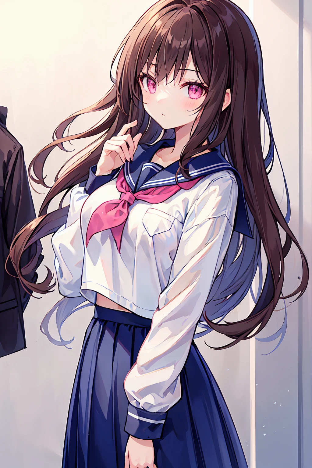 Dark brown hair color，Pale pink eyes，apricot pink school top，Navy Straight Skirt，Kind girl，((Highest quality)), (Very detailed), (High-definition CG synthesis 8K wallpaper), 高いly detailed, 高い-definition raw color photos, Professional photography, (((Bokeh))), Written boundary depth,