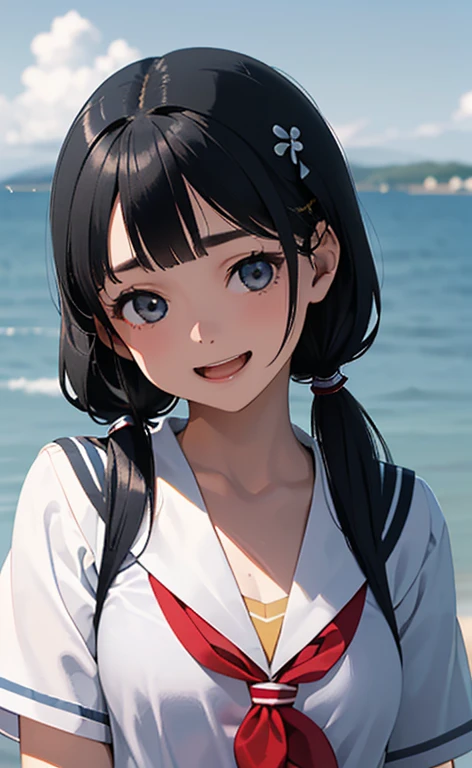 (Photorealistic:1.4)、(15-year-old:1.5),(masterpiece、spot light:1.2、Exquisite beautiful eye:1.5,portlate),(kind eyes、tareme:1.9),(Close-up of face:1.5,face focus:1.5)、(Cute Face、 3D Face)、(black hair:1.5)、(middle hair:1.5),(sidelock :1.5),(blunt bangs:1.3),(1 school girl)、(aqua eyes:1.2)、(upper body:1.5)、(Open mouth happy smile:1.5)),(half closed eyes)、(Hair blowing sideways in the wind:1.4),(twintails:1.5)(head tilt) ,(),(flat chest),(),(school sailor uniform:1.5),(Park with an ocean view background:1.5)、()、(serafuku)、Slim Body(),Shiny Hair、girl、zydG