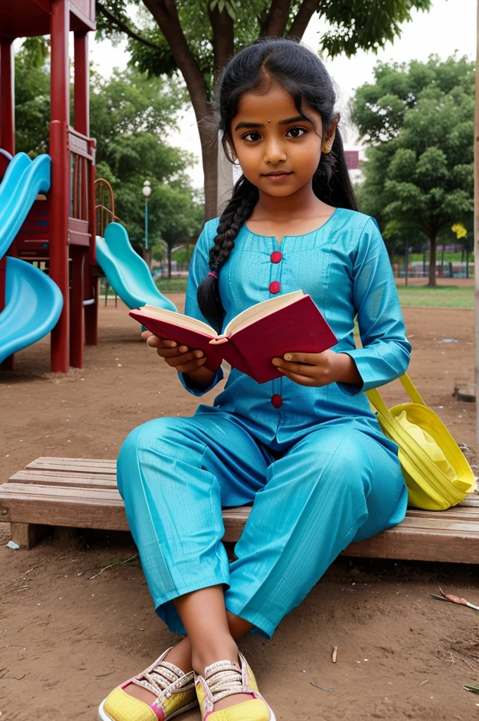 6 years indian girl in salwar suit sitting on the playground in park and reading a book with her school bag and water bottle
