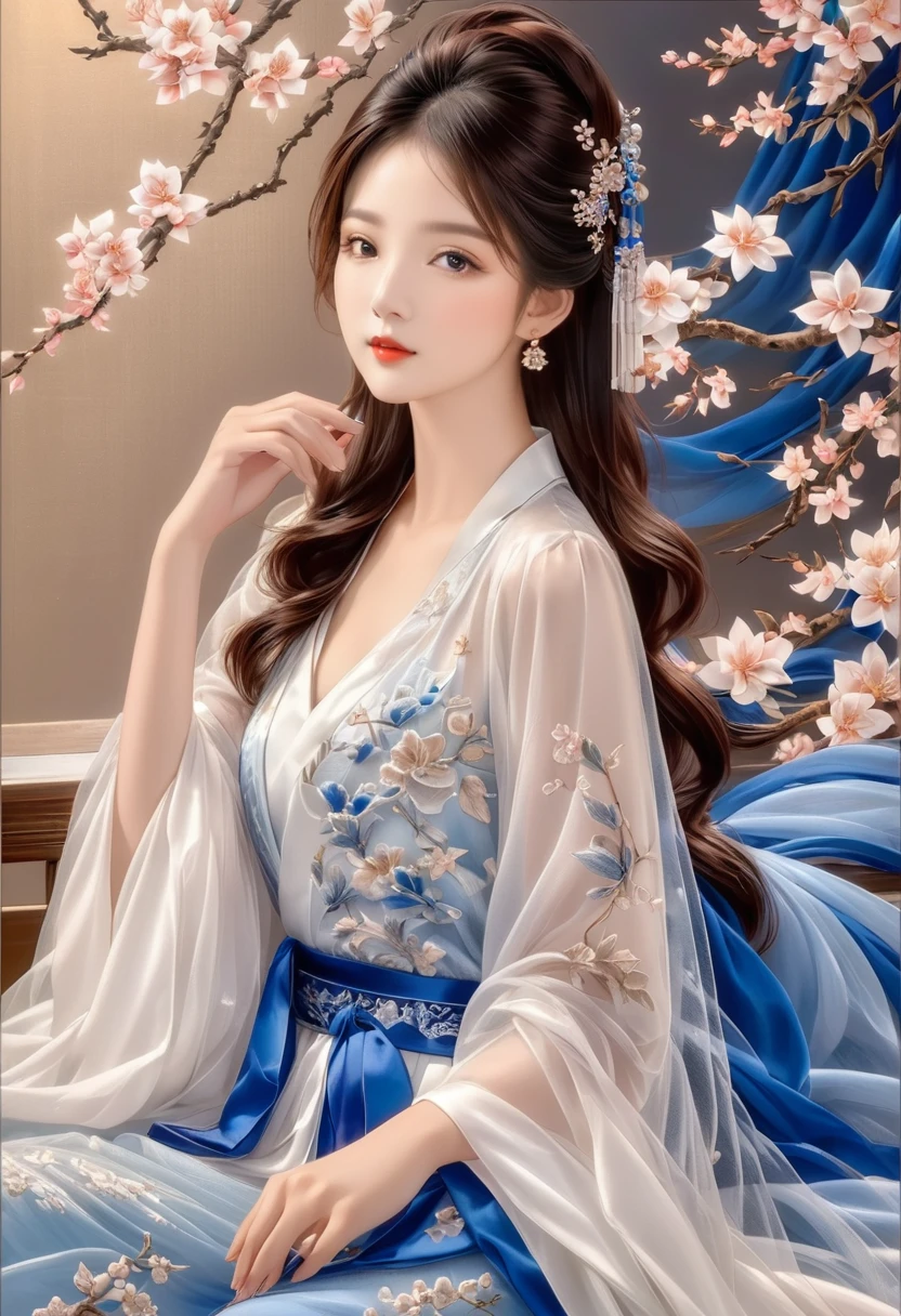 embroidery,Three-dimensional embroidery,(A picture of blue ornate Suzhou embroidery hangs on the wall),blue-white petals, Silk material embroidery, Inspired by Yao Jianping’s dream of Su embroidery works,translucent,abundant cleavage,painting on silk, alcohol ink art
