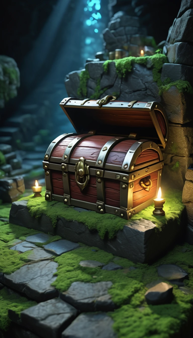 Highest quality、masterpiece、Highly detailed CG unit wallpaper、High resolution、RAW Photos、Very detailed、BREAK、dungeon of darkness、light moss、Blue glowing moss、The only light source is luminescent moss、Stone Dungeon、Wide promenade、BREAK、Treasure chest at the dead end、The treasure chest is a Mimic、Glowing Mimic、Mimic holding up a welcomeboard、