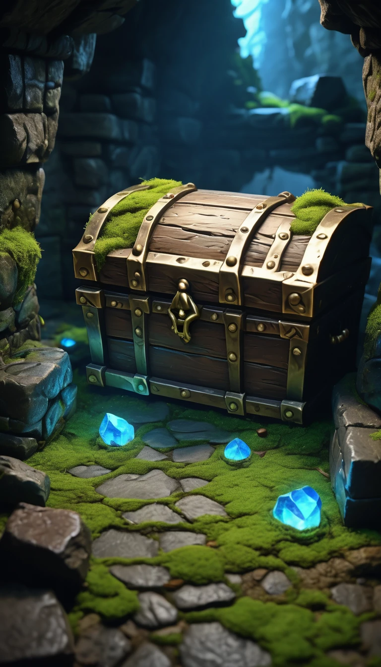 Highest quality、masterpiece、Highly detailed CG unit wallpaper、High resolution、RAW Photos、Very detailed、BREAK、dungeon of darkness、light moss、Blue glowing moss、The only light source is luminescent moss、Stone Dungeon、Wide promenade、BREAK、Treasure chest at the dead end、The treasure chest is a Mimic、Glowing Mimic、Mimic holding up a welcomeboard、