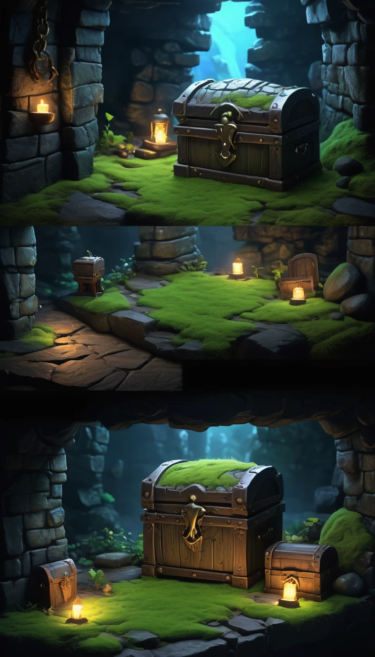 Highest quality、masterpiece、Highly detailed CG unit wallpaper、High resolution、RAW Photos、Very detailed、BREAK、dungeon of darkness、light moss、Blue glowing moss、The only light source is luminescent moss、Stone Dungeon、Wide promenade、BREAK、Treasure chest at the dead end、The treasure chest is a Mimic、Glowing Mimic、Mimic holding up a welcomeboard、
