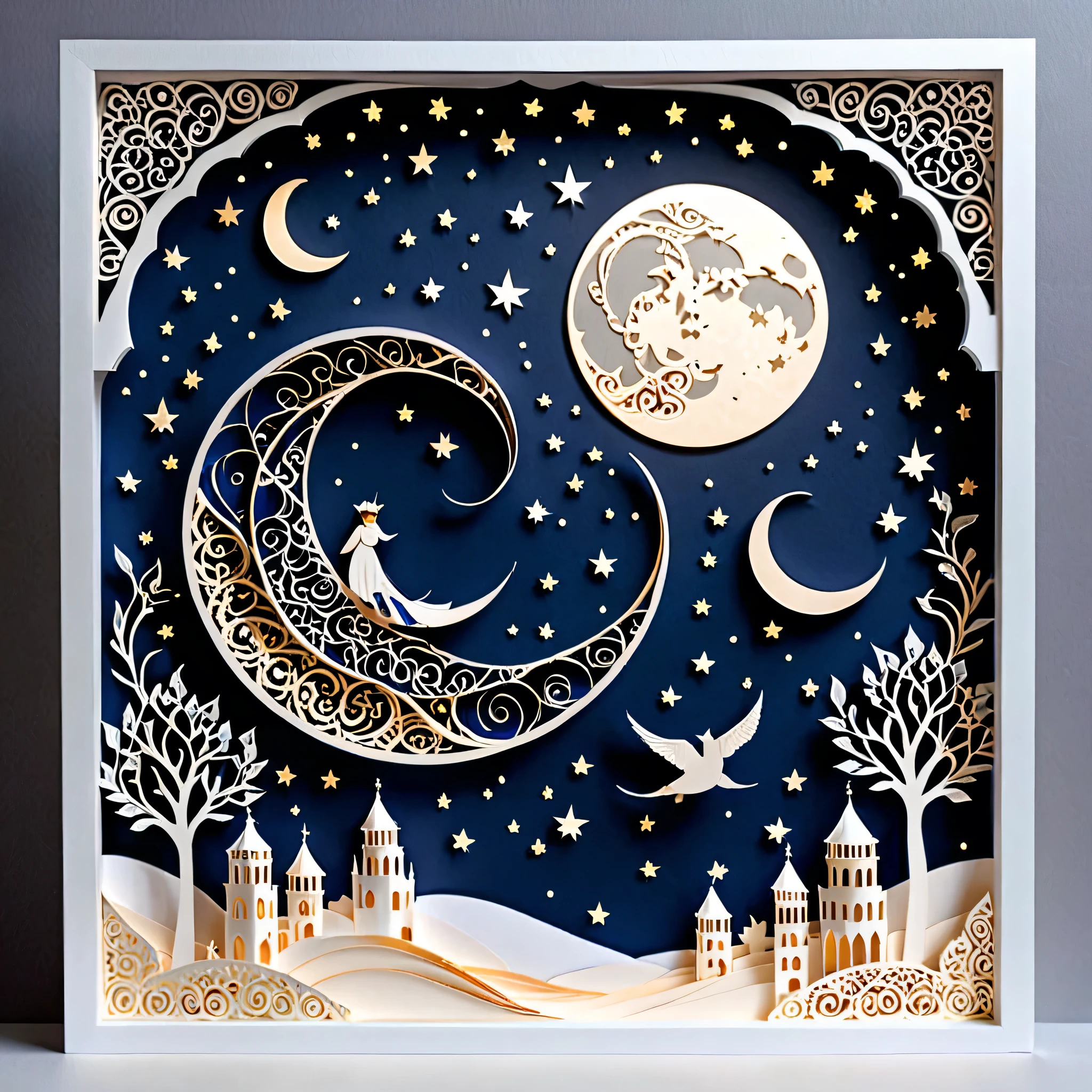 Create a detailed paper cutout artwork depicting an intricate scene of arabesque patterns against a moonlit night. The artwork should include elaborate, swirling designs that capture the essence of arabesque art, set against the backdrop of a serene night sky illuminated by a full moon. The moonlight should cast delicate shadows and highlights on the patterns, enhancing their depth and intricacy. The overall mood should be mystical and elegant, evoking a sense of timeless beauty.