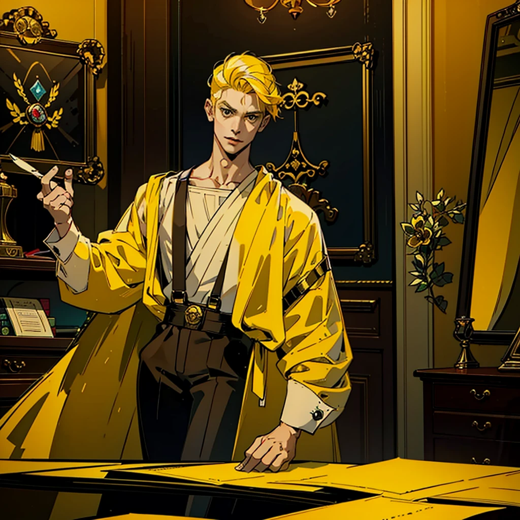 1boy, 1person, alone, 25 years old man, yellow hair, golden eyes, insister sur les reflets des yeux dorés, cheveux blonds, boss, formal business outfit, yellow outfit, yellow clothes, black suspenders, arrogant look, Jen Zee style, bureaucratic themed, modern look, work fashion, workaholic bureau clothes, classy shirt, bureau, desk, work furniture, yellow themed image, yellow furniture, mustard touches of olor, mustard colored walls, kim goo character, kim goo inspiration, kim goo lookism, kim goo manager kim, looking at viewer, flower of the cult vagabondart1 style, vagabondart1 instagram, khoffi art style, khoffi style, khoffi instagram, ゆりぼう style, Imari Ozaki style, eve insomnia style, yasutatsu style, ewkkyorhrart, Dino (@Dino_illus) style