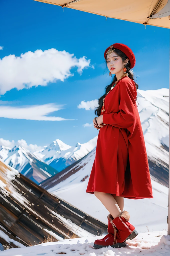 (masterpiece, best quality:1.2),red Tibetan clothing,1 Tibetan girl, blue sky, cloud, cloudy sky, day, earrings,Plush hat, horizon,Tibetan Earrings,jewelry,necklace, lips,snow mountain, outdoors, parted lips, red lips, solo,flat chest,full body,slender legs,boots,standing,arms behind back