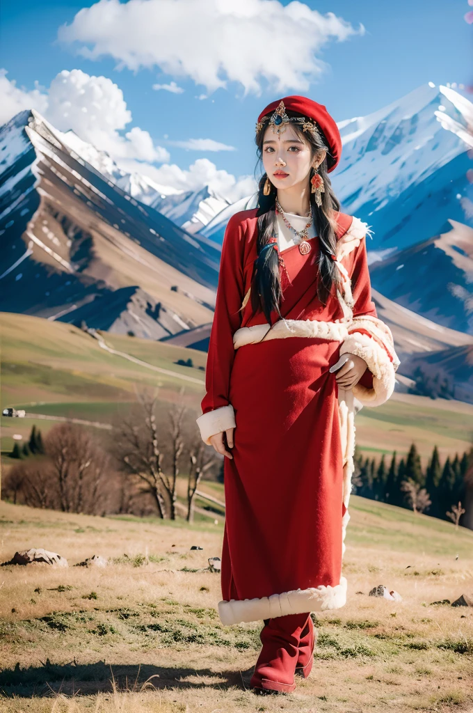 (masterpiece, best quality:1.2),red Tibetan clothing,1 Tibetan girl, blue sky, cloud, cloudy sky, day, earrings,Plush hat, horizon,Tibetan Earrings,jewelry,necklace, lips,snow mountain, outdoors, parted lips, red lips, solo,flat chest,full body,slender legs,boots,standing,arms behind back