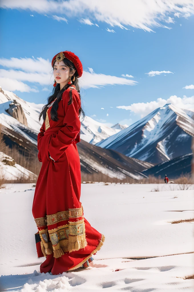 (masterpiece, best quality:1.2),red Tibetan clothing,1 Tibetan girl, blue sky, cloud, cloudy sky, day, earrings,Plush hat, horizon,Tibetan Earrings,jewelry,necklace, lips,snow mountain, outdoors, parted lips, red lips, solo,flat chest,full body,slender legs,boots,standing,arms behind back