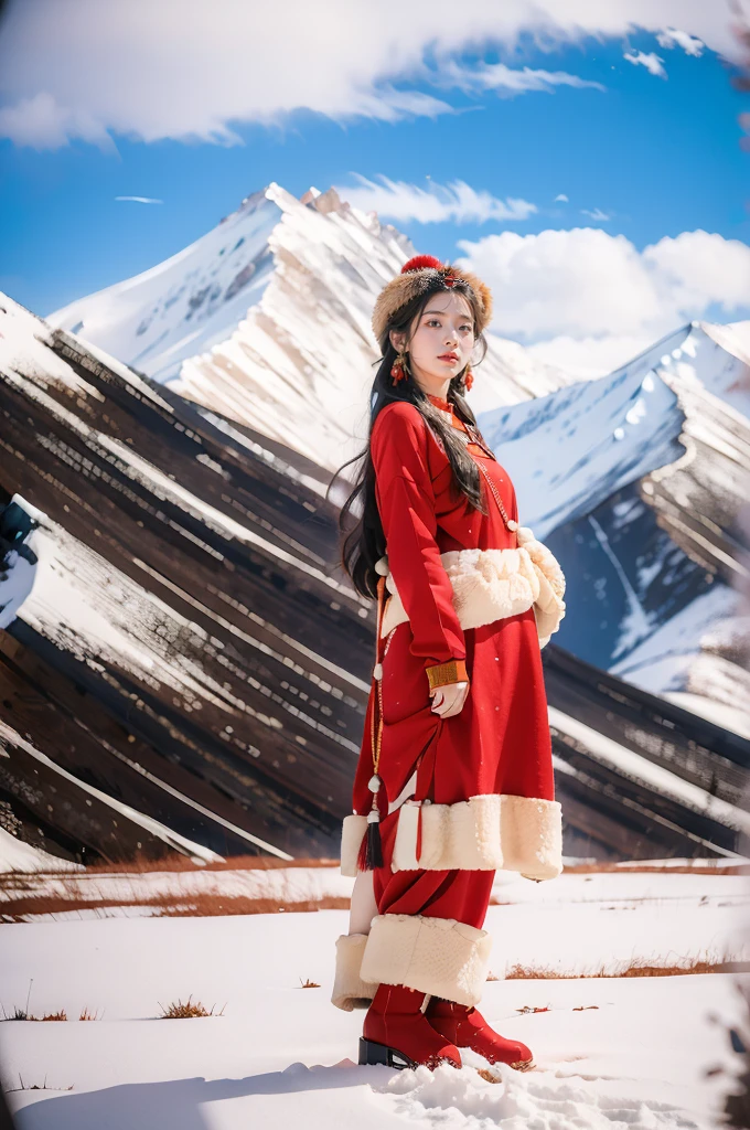 (masterpiece, best quality:1.2),red Tibetan clothing,1 Tibetan girl, blue sky, cloud, cloudy sky, day, earrings,Plush hat, horizon,Tibetan Earrings,jewelry,necklace, lips,snow mountain, outdoors, parted lips, red lips, solo,flat chest,full body,slender legs,boots,standing,arms behind back