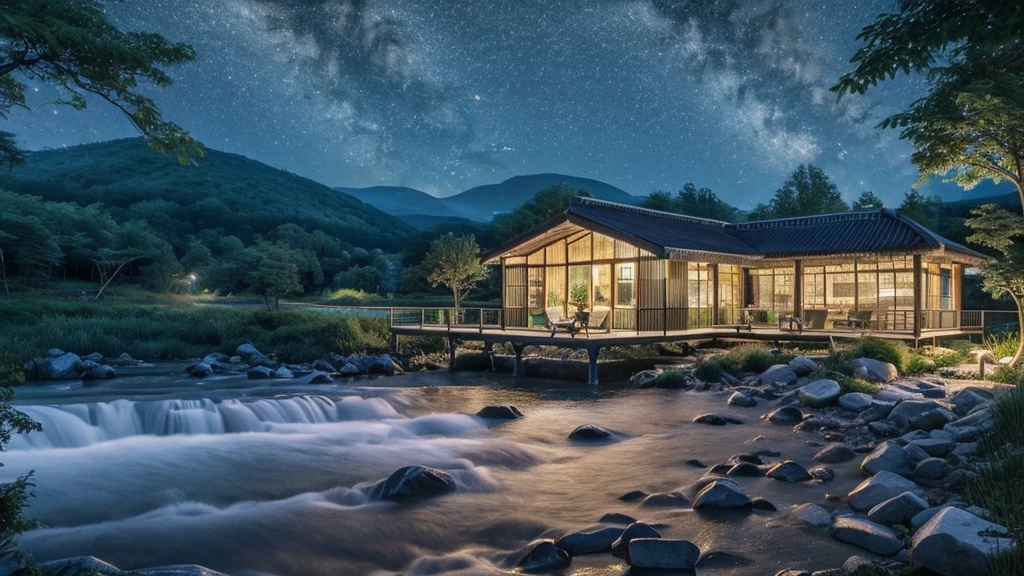 A forest at night where you can hear the murmuring of a river、I can see the hut