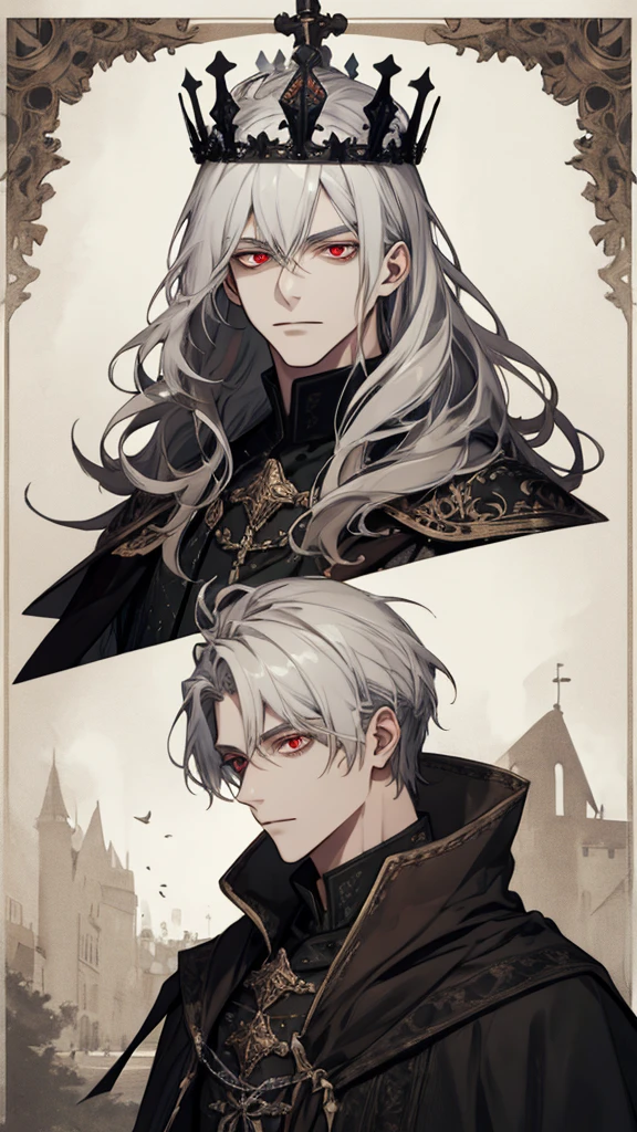 (extreamly delicate and beautiful:1.2), 8K,(шедевр:1.0),(best_quality:1.0), 1boy, and intricate detailing, Enlarged textures, and intricate detailing, finely eye and detailed face, and intricate detailing, black medieval outfit, ruinscape background, (closed mouths),long white hair with crown, Perfect eyes, red eyes, Equal eyes, (A male god)