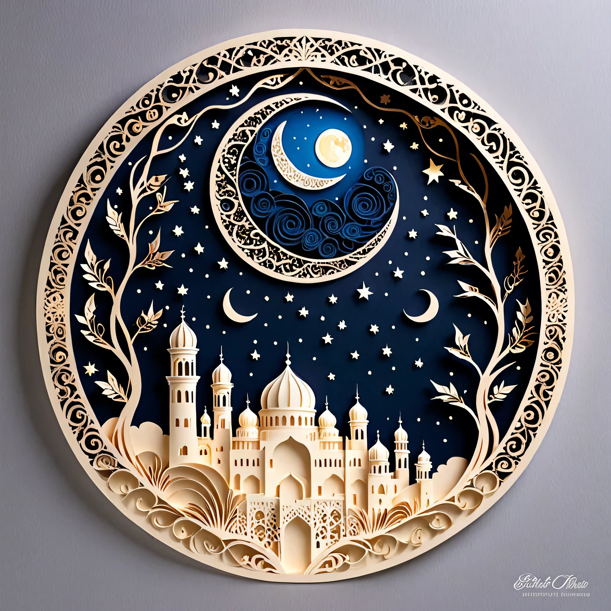 Create a detailed paper cutout artwork depicting an intricate scene of arabesque patterns against a moonlit night. The artwork should include elaborate, swirling designs that capture the essence of arabesque art, set against the backdrop of a serene night sky illuminated by a full moon. The moonlight should cast delicate shadows and highlights on the patterns, enhancing their depth and intricacy. The overall mood should be mystical and elegant, evoking a sense of timeless beauty.