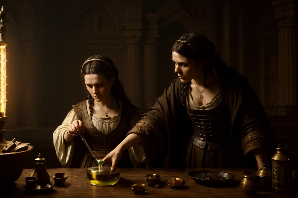 (Sarepta widow:1.2), (pouring oil:1.3), (cruse of oil), (prophet watching:1.2), (dramatic lighting), (biblical scene:1.2), (historical accuracy), (detailed clothing), (Greg Rutkowski style), (Rembrandt style), (high detail), (sharp focus), trending on ArtStation