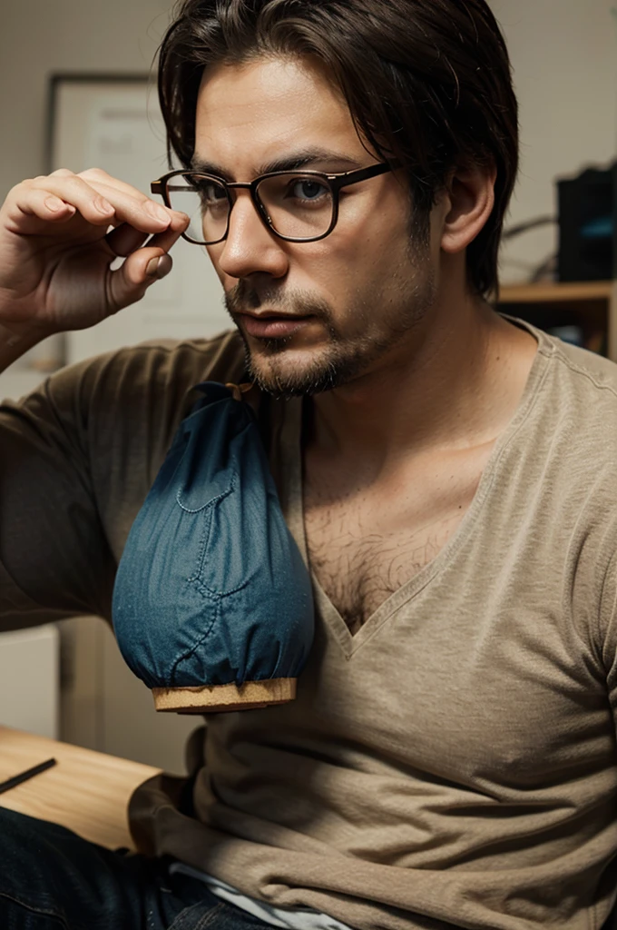 draw me a picture animation of someone men who is full and wearing glasses drinking