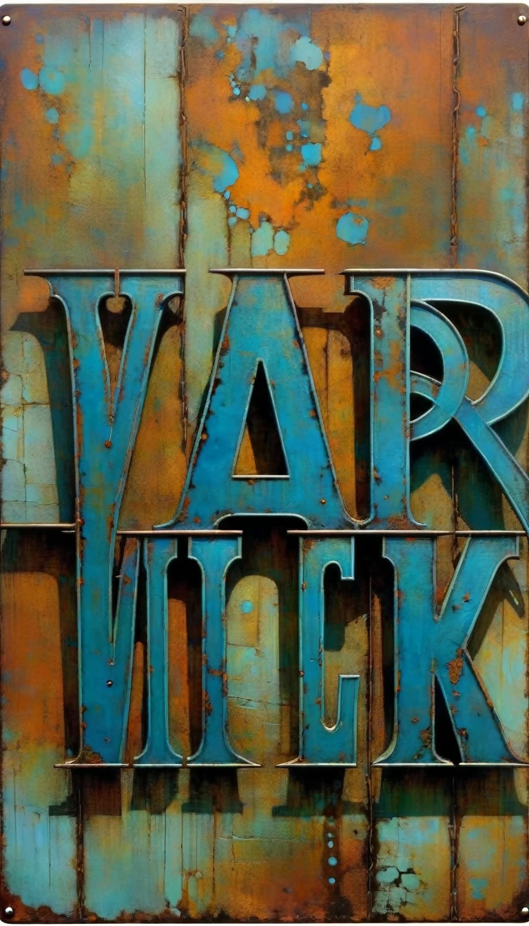 metal sign with rusty blue metal letters, ((text in letters: "VICTOR")) Artwork inspired by Dave Mckean, intricate details, oil painted

