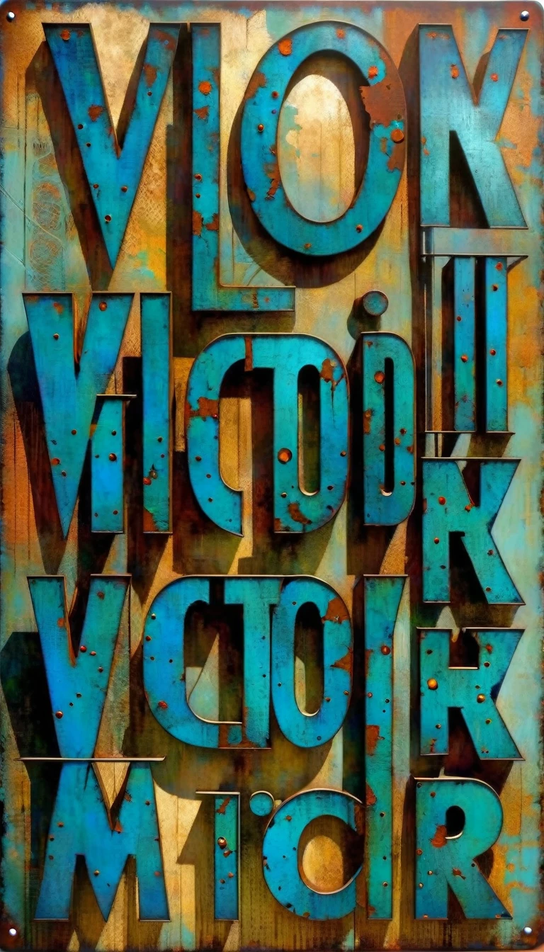 metal sign with rusty blue metal letters, ((text in letters: "VICTOR")) Artwork inspired by Dave Mckean, intricate details, oil painted
