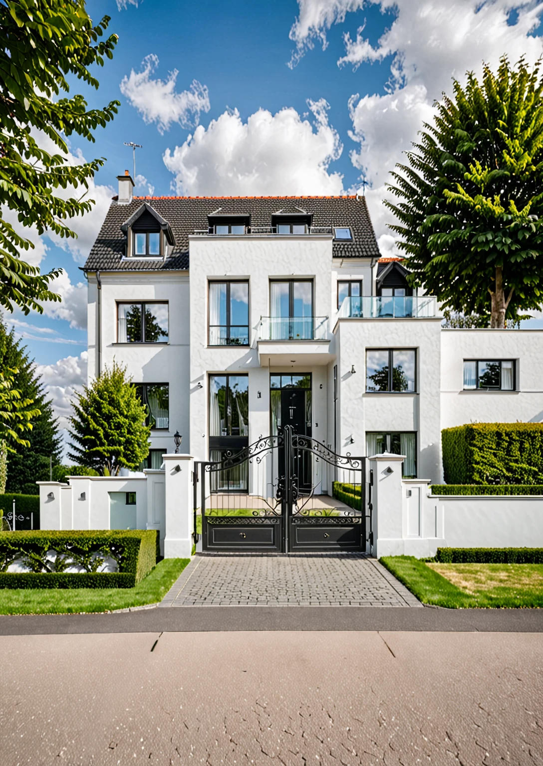 Raw photo,Masterpiece, high quality, best quality, authentic, super detail,
outdoors, house style modern,bietthuhn, white wall, glass windows, gate
road,pavement, grass, trees, sky, cloud, (day:1.1),