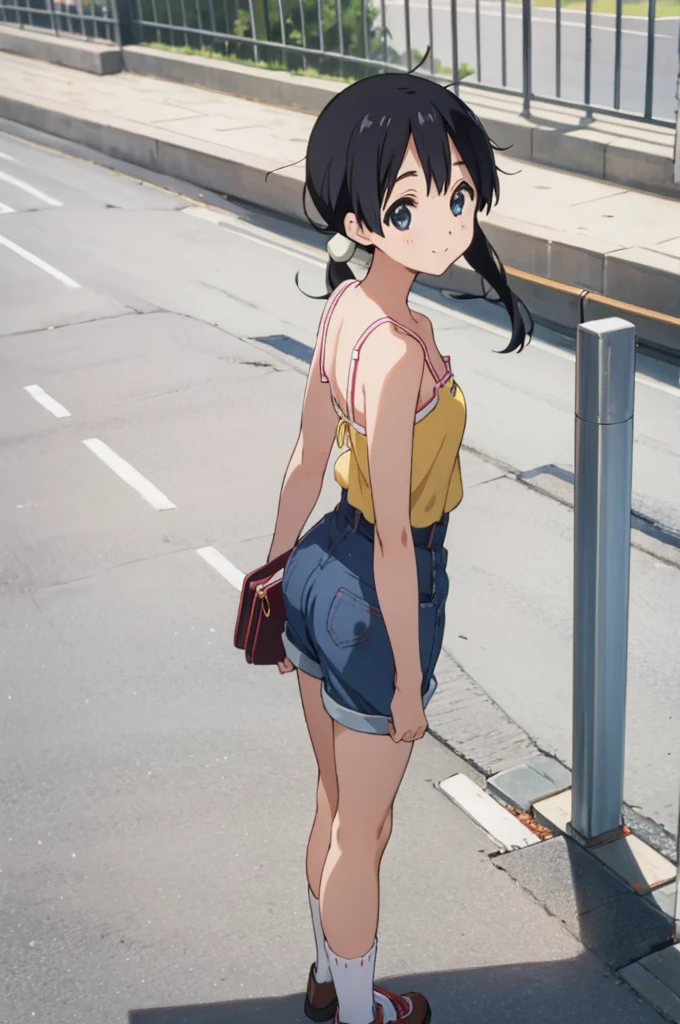  solo, 1girl, tamako kitashirakawa, , looking at viewer, smile, ,,outdoor,socks,camisole,high waist shorts,ass,from back